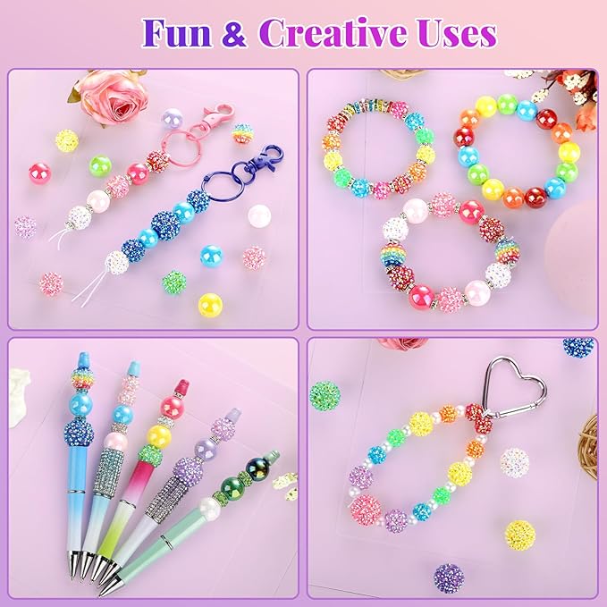 Funtopia Beads for Pens Keychains, 200pcs Bubblegum Focal Beads for Beadable Pens, 12mm 16mm 20mm Rainbow Acrylic Chunky Beads with Rhinestone Rondelle Spacer Bead for DIY Craft Making Supplies