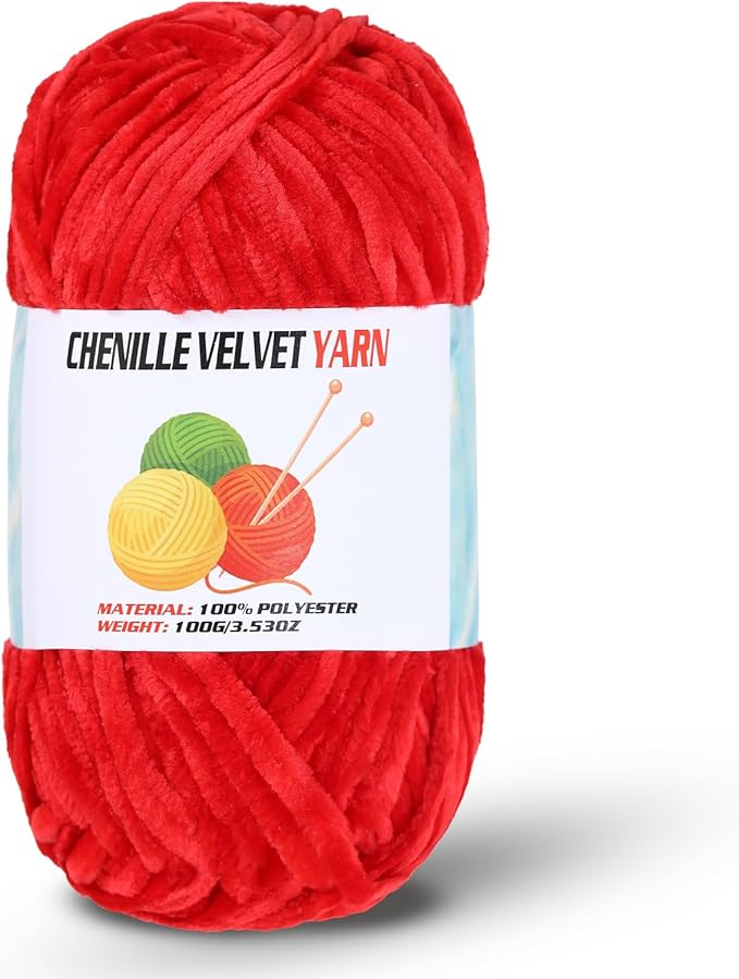 Velvet Chenille Chunky Yarn, Handcrafts Weaving Soft Chenille Yarn for Crocheting Clearance, Used for Making Baby Yarn Blanket, Clothes, Knitting Creations (1 - Red)