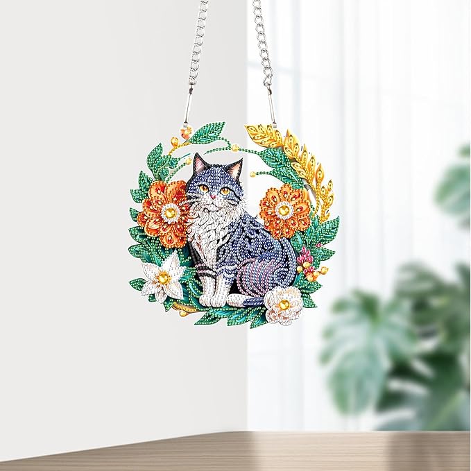 Flower Birdcage Design DIY Diamond Art Painting Wreath Kits Special Shaped Rhinestone Diamond Art Window Pendants Home Garden Wall Hanging Kits (Single Side Point Drill) (#11-Cat) (#16-2PC)