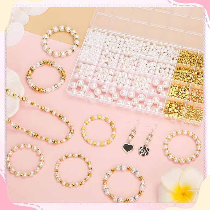 Audab Bracelet Making Kit, 1332 Pieces Pearl Beads and Gold Spacer Beads for Bracelets Making and Jewelry Making for Adults