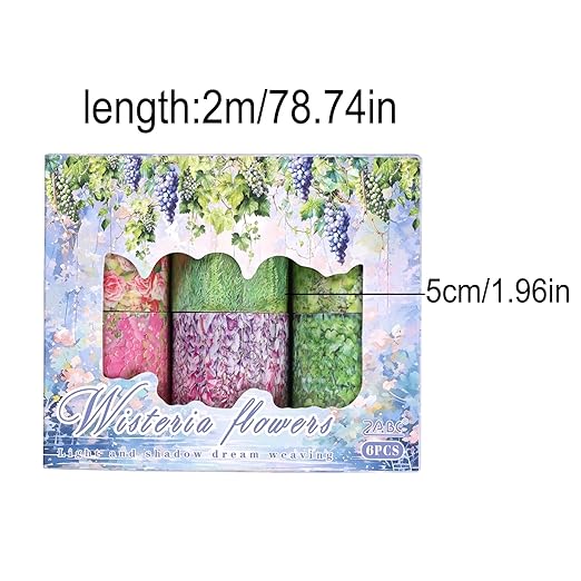 Wisteria Floral PET Decorative Tape Set, 6 Rolls Wide Garden Washi Tape for Journaling Supplies, Scrapbooking, Bullet Journal, Junk Journal, DIY Crafts and Gift Wrapping