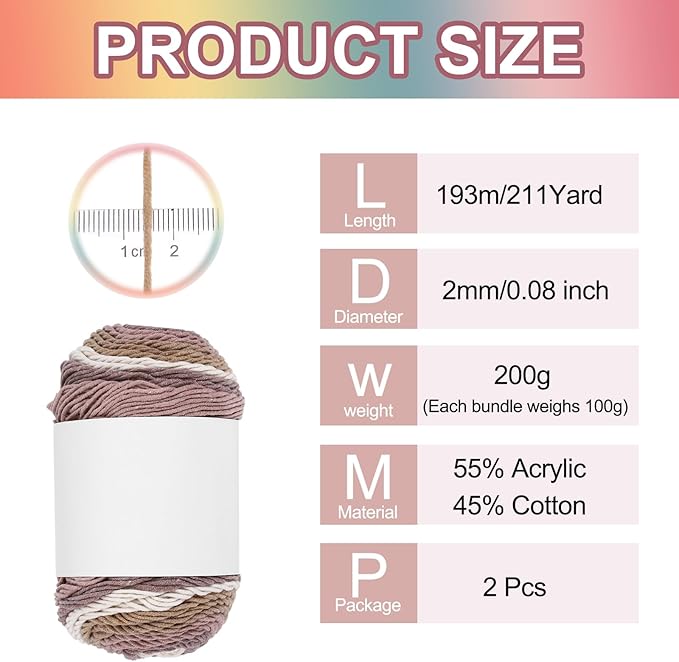 MECCANIXITY Cotton Acrylic Yarn for Crocheting, 422 Yard 5 Ply Soft Gradient Yarn Acrylic 45% Cotton 55% Used for DIY Knitting Blankets Scarves(2 Packx100g,Beige,Brown,Purple)