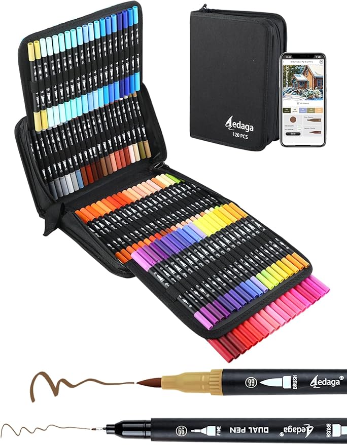 120 Colors Dual Brush Markers, Fine and Brush Tips Numbered Pens with App, for Adults, Coloring Book Bullet Journaling Note Taking Planner Hand Lettering Calligraphy Drawing Art Supplies Kit