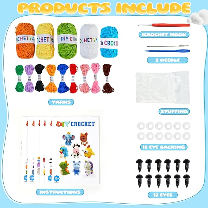 8Pcs Crochet Kit for Beginners, 2026 DIY Craft for Adults and Kids, Great Birthday Gift for Crochet Lovers, Crocheting Animal Kits with Step by Step Videos,Yarn,Crochet Hook