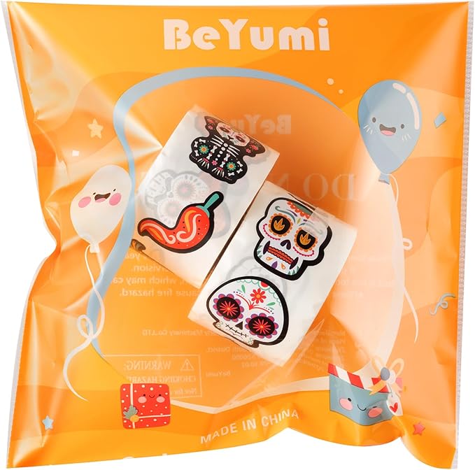 beyumi sugar skull roll stickers - 1000pcs day of the dead stickers in 2 rolls dia de los muertos sugar skull waterproof vinyl decals halloween mexican festival party supplies classroom decor