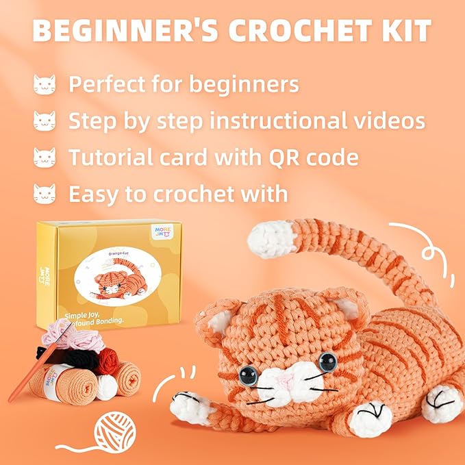 MOREJMTT Crochet kit for Beginners Adults, Learn to Crochet, Include Easy Knitting Soft Yarn, Step-by-Step Video Tutorial, Hook, Holiday Birthday Gift (Orange cat)