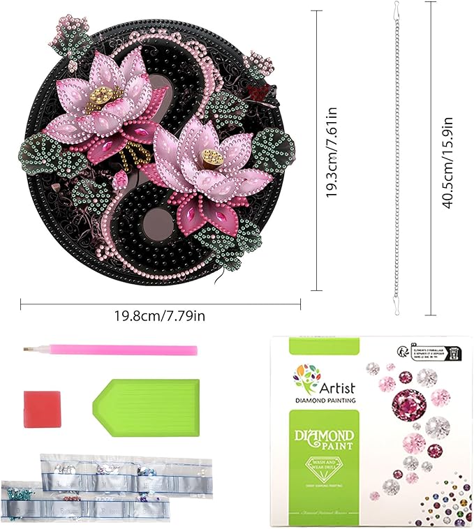 Lxmsja DIY Yin Yang Diamond Painting Hanging Ornament, Double-Sided Acrylic Lotus Flower Diamond Art Kit, Special Shaped Suncatcher Hanging Pendant Window Art Kit 8x8 inch
