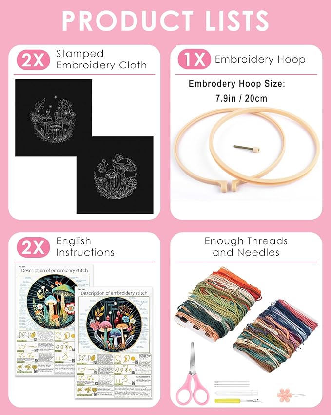 TINDTOP 2 Pack Embroidery Kit for Adult Beginners, Embroidery DIY Starter Kit, with Mushroom Stamped Patterns, Hoop, Tools, Colorful Threads with Needles, Instructions