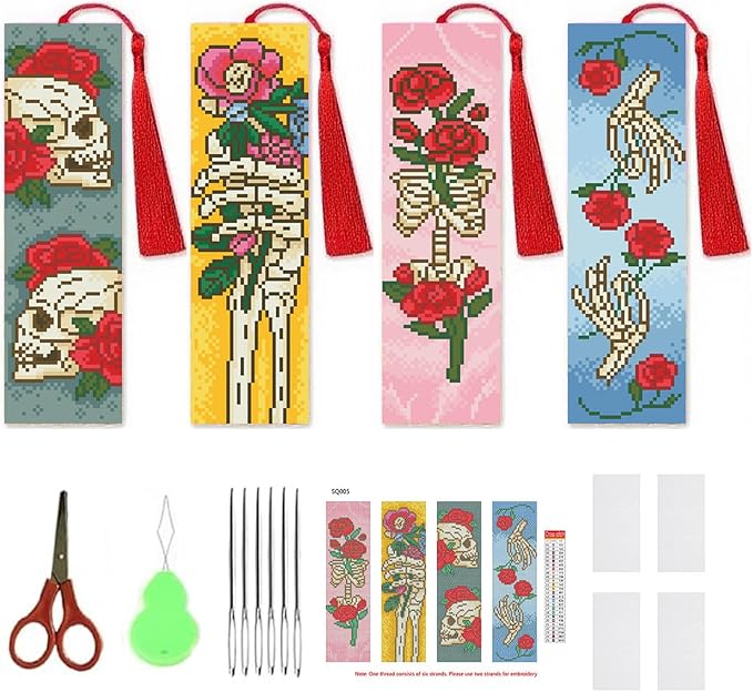 NEGEKFKX 4 Pcs Skeleton Cross Stitch Bookmark Kit for Adult Beginners,Skull Flower Cross Stitch Kits 14 CT DIY Cross Stitch Kits Adult Stamped Bookmark Embroidery Bookmarks Kit
