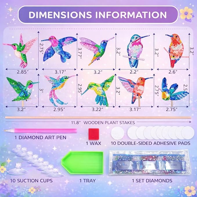 BEAUTYMEHNDI STORE 10 Pack Diamond Art Bird Plant Stakes – DIY Hummingbird Mini Diamond Painting Kit for Adults, Garden Decor for Potted Plants, Gift for Plant Lovers