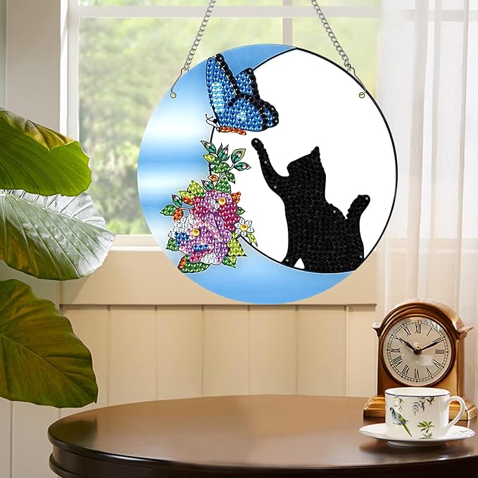 AiYuanzsh Diamond Painting Hanging Pendant Kit for Adults, Crystal Rhinestone Cat & Butterfly Diamond Art Suncatcher Ornament for Door, Wall, Window, Home Decor