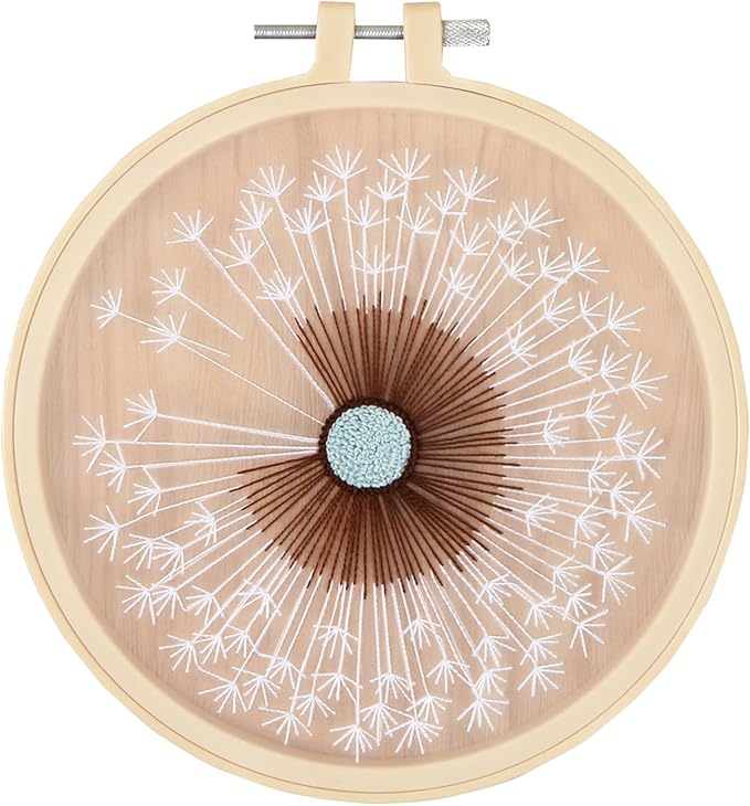 KISSBUTY Full Range Embroidery Starter Kit with Dandelion Pattern, Plastic Hoop, Color Threads, Tools