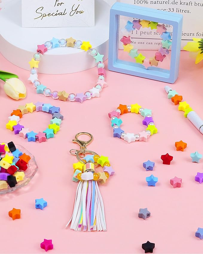 FIVEIZERO 80PCS Star Focal Silicone Beads for Keychains, Pens, and Bracelets - Star-Shaped for Adult DIY Crafting