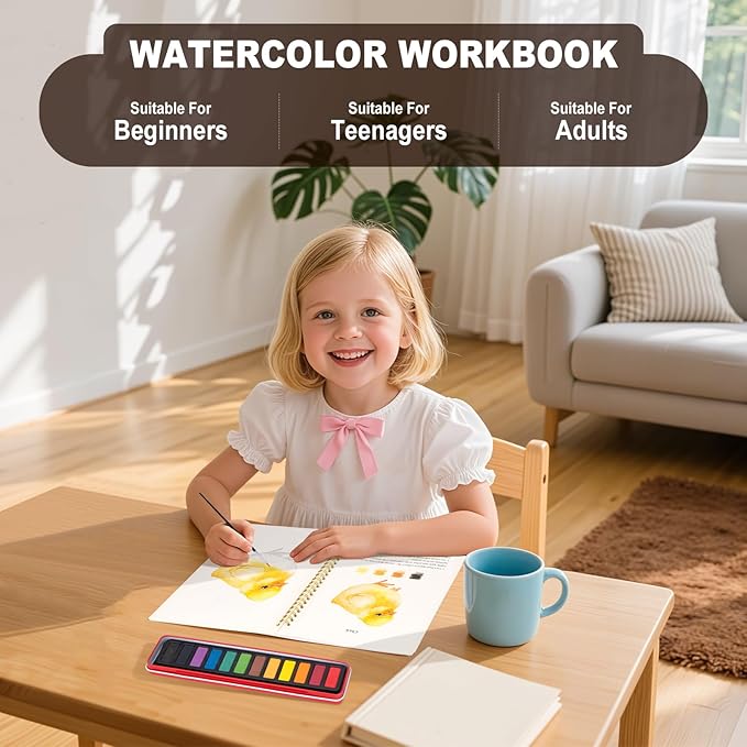 Metyond Beginner Watercolor Workbook Kit - Watercolor Painting Kit with 1 Workbook 12 Colors Paint Set with Brush, Beginner Friendly Watercolor Paint Set Gift for Adults Teens (Animals)