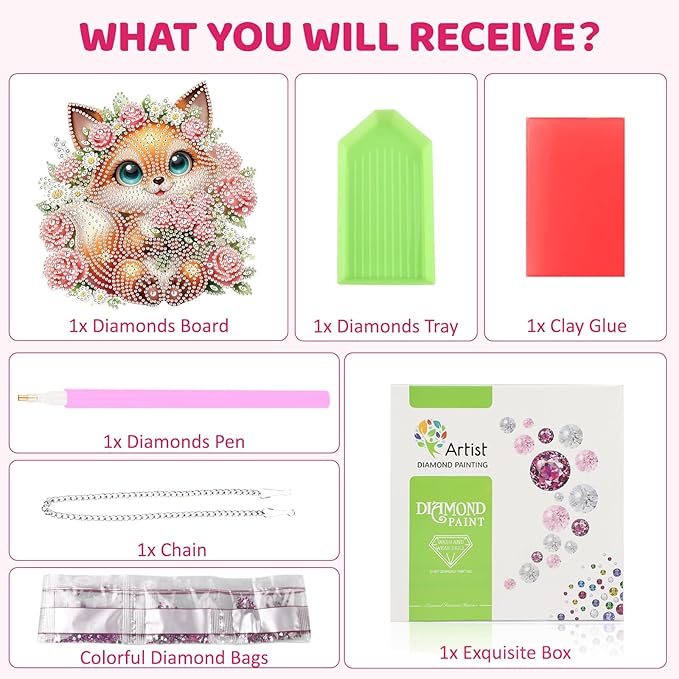MEIYUDA Fox Diamond Art Hanging Kits for Adult, Flowers Fox Diamond Painting Hanging Kits Ornaments, Animals DIY Special Shaped Rhinestone Window Pendants kit for Home Garden Wall Decor Gift
