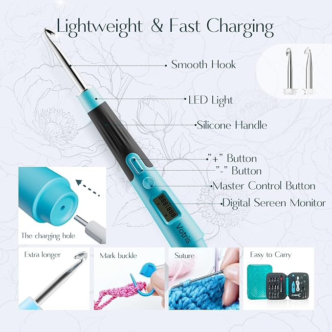Votris 18 in 1 Counting Crochet Hooks, Light up Crochet Hook Set with Digital Stitch Counter 2.0mm-14.0mm, Rechargeable & Interchangeable Heads Lighted Crochet Hook Set, Ergonomic Handles for Beginner
