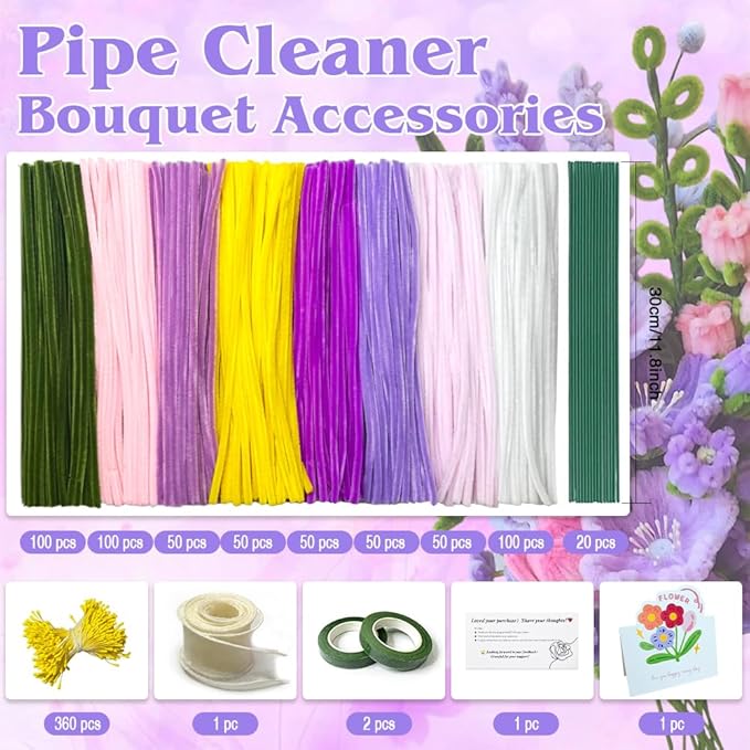 985-Piece Jumbo Size Premium Muti-Color Pipe Cleaner Craft Kit with Floral Supplies - Chenille Stems, Flower Wires, Stamens & Video Tutorial for Wedding Decorations (Purple Pink Set, Jumbo Craft Set)