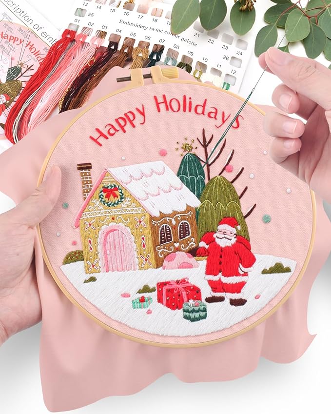 ERKOON Christmas Embroidery Kit for Beginners, Cross Stitch Set for Include Embroidery Cloth Hoops Threads for Craft Lover Hand Stitch with Embroidery Skill Techniques (Santa Claus)