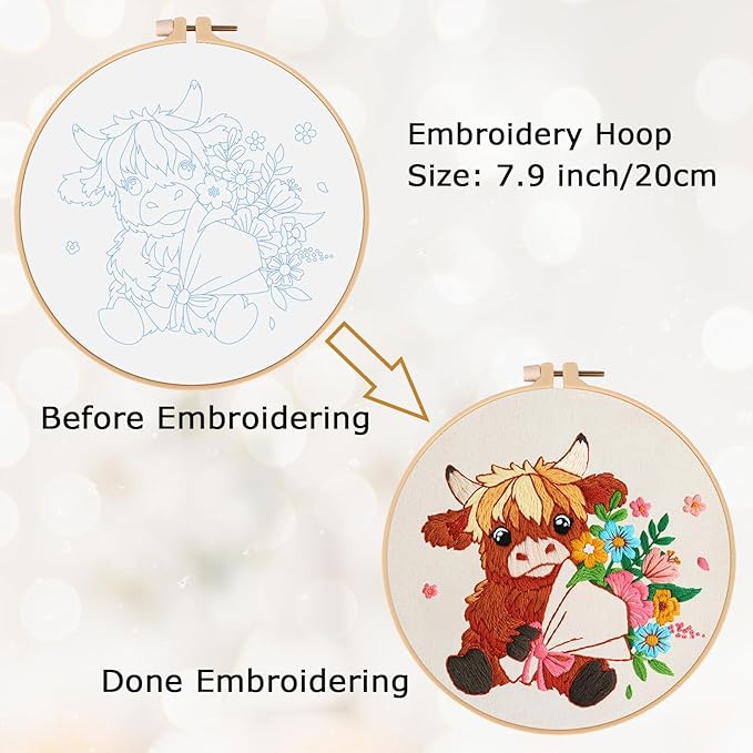 Nuberlic Highland Cow Embroidery Kits for Beginners with Flowers Pattern, DIY Cross Stitch Starter Kits for Adults Including Cloth with Pattern, Hoop, Needles Instruction and Threads
