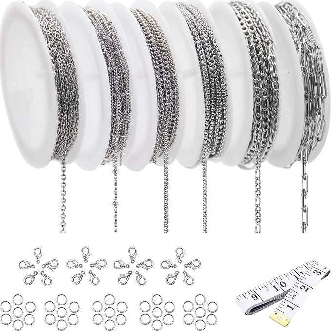 Necklace Chain for Jewelry Making, 42.6 Feet 6 Roll Stainless Steel Silver Jewelry Link Chains for DIY Necklace Bracelets Keychain Craft Jewelry Making Supplies with Jump Rings Lobster Clasp Connector