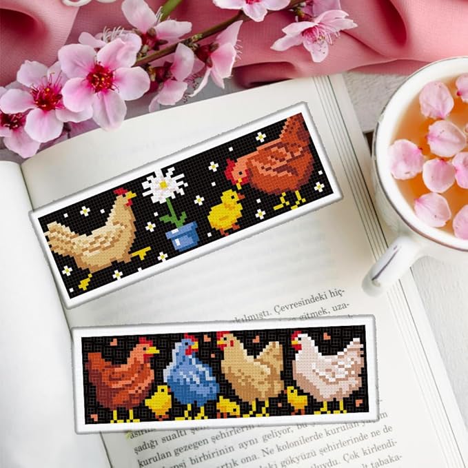 ORIGACH 6 Set Chicken Cross Stitch Bookmark Kit for Beginner with Backing Felt Floss Instructions DIY Stamped Embroidery Bookmark Kit for Adults, Book Lovers