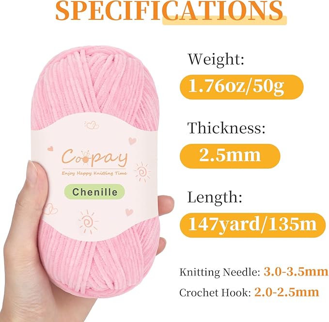 Coopay Skinny Chenille Yarn for Crocheting and Knitting, 12 Pack of 50g/1.76oz-1764yd Total, Soft Velvet Yarn of Baby Weights-Suitable for Baby Blankets, Plush Toys-Super Soft (Light Pink Gradient)