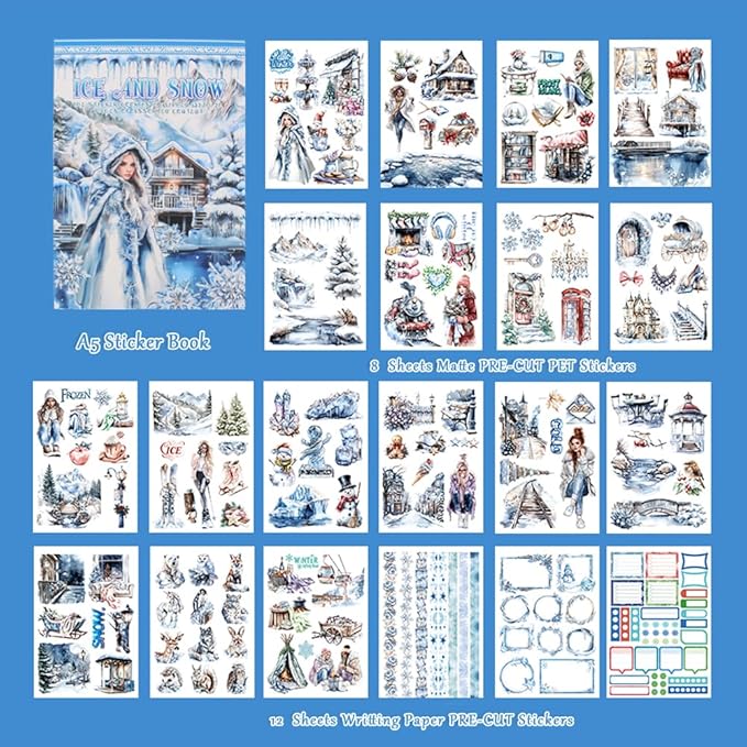 Ice and Snow Winter Scrapbook Stickers for Scrapbooking Supplies, 20 Sheets A5 Washi Paper Transparent PET Die Cut Stickers Book for Journaling, Junk Journal, Collage, Adults Crafts Arts