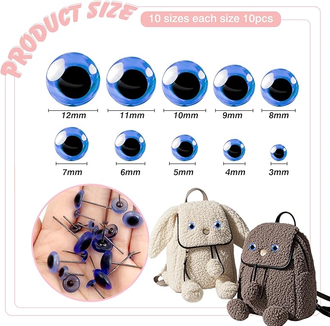 TOAOB 100pcs Blue Glass Eyes Kits 3mm to 12mm Assorted Sizes for Crafts Needle Felting Decoys Sewing