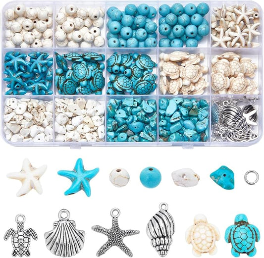 SUNNYCLUE 1 Box 217Pcs Turtle Beads Starfish Beads Boho Sea Turtle Starfish Shell Charm Bulk Summer Hawaii Ocean Charms Turquoise Loose Spacers for Jewelry Making Kits DIY Craft Supplies