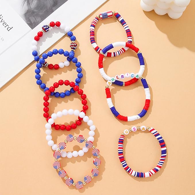 1938Pcs Red White Blue Beads Kit, 4th of July Patriotic Clay Beads Star Beads Round 6mm Pearl Beads for Jewelry Making Independence Day Polymer Clay Beads Heishi Beads for Necklace Bracelets Earrings