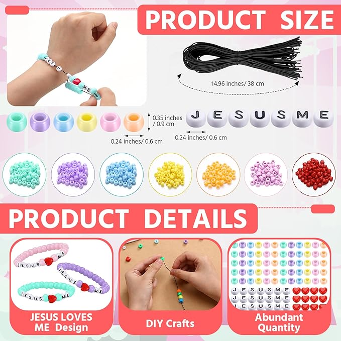 Ferreve 35 Sets Easter Pastel Religious Bead Wristband Craft Kit Jesus Love Me Faith DIY Bead Craft Kit Love Letter Charms for VBS Week Sunday School Christian Bible Verse Gifts Making