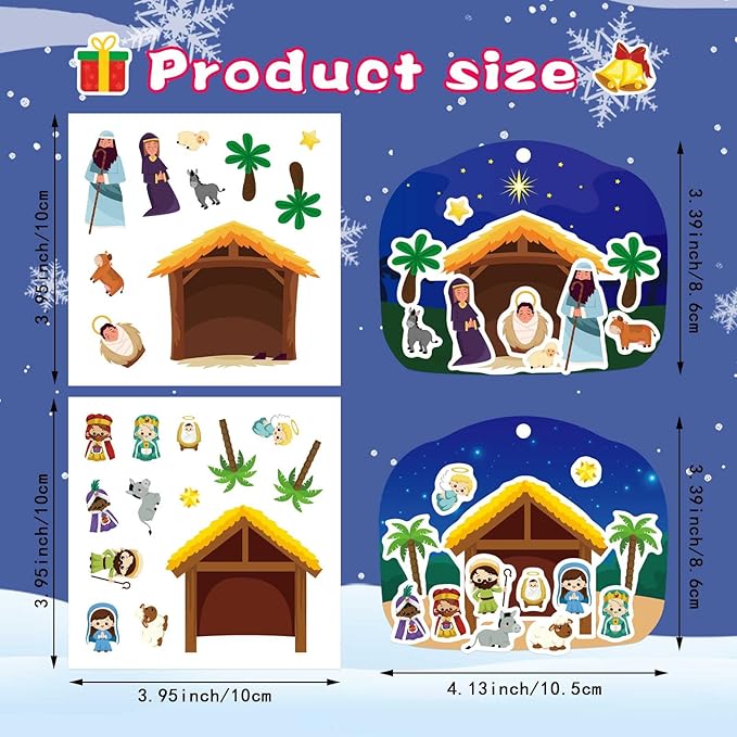christmas nativity craft kit for kids, make a nativity scene hanging ornament sticker kit, jesus birth stickers, christian religious bible scene party favor home classroom activity(24 sets)
