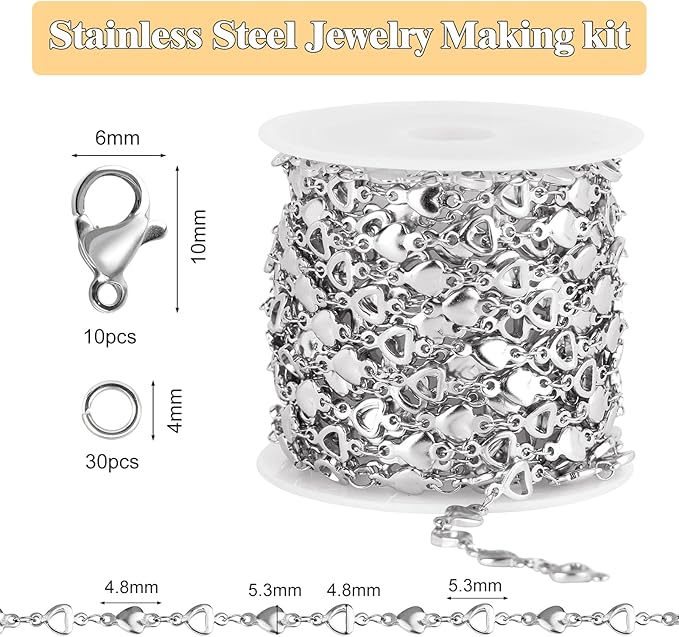 GTVOODX 13 Feet Heart Chain for Jewelry Making Silver Stainless Steel Chains Bulk for Necklace Bracelet Craft DIY Jewelry Supplies with 10 Lobster Clasps and 30 Jump Rings