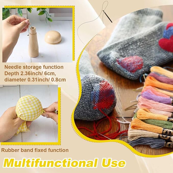 Jexine Mini Darning Mushroom for Socks 14 Hooks Small Speedweve Style Weaving Darning Loom with 9 Pcs Large Eye Needles 50 Colors Thread for Handcraft DIY Weaving Repair Tool(Yellow)