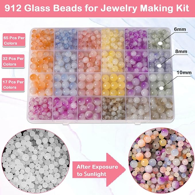 912 Pcs UV Color Changing Glass Beads Kit for Bracelet Making, 6mm 8mm 10mm Sunlight Sensitive Beads, DIY Jewelry Craft Supplies for Adult Women, Necklace Anklet Crafting Kit – Creative Gift Idea