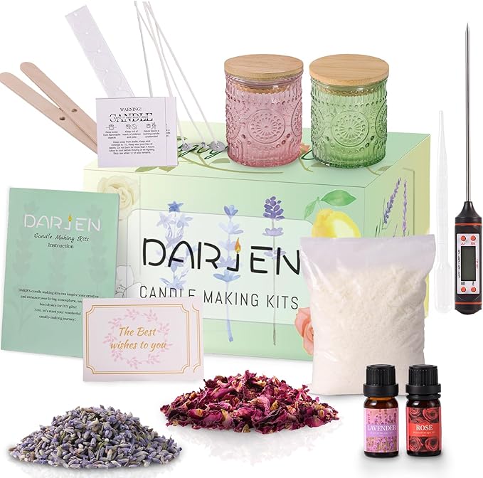 DARJEN Candle Making Kits for Adults- Soy Candle Making Supplies with 2 Candle Jars(Green, Pink), Wax, Scents, Card & More, DIY Starter Candle Making Kit, Full Set DIY Arts & Crafts Gift