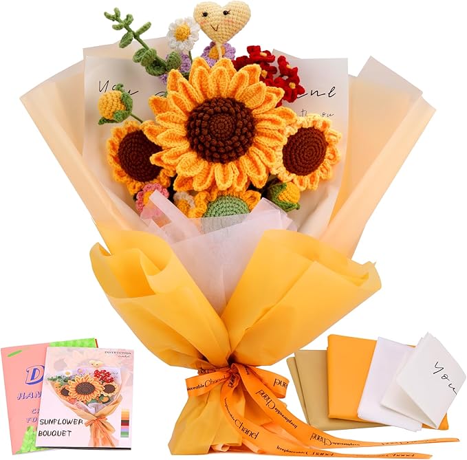 Iuuidu Crochet Kit for Beginners, Sunflower Beginners Crochet Kit, Crochet Flower Bouquet Kit, Knitting Starter Kit for Adults with Step-by-Step Video Tutorials Birthday Wedding Day Present