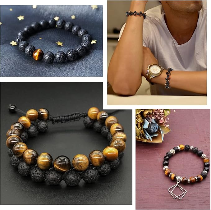 FASHEWELRY Mala Yoga Men Bracelet Making Kit - 220pcs Natural Gemstone Lava Rock Tiger Eye Beads Healing Crystal Chakra Stone Beads with Black Nylon String for Essential Oil Diffuser Jewelry Making