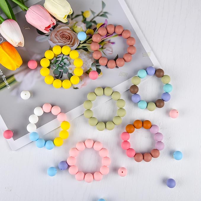 ASTARON 100 Pcs 15mm Silicone Beads for Keychain Making, White Round Rubber Beads Bulk for Bracelets Beadable Pens Decorations Crafts Supplies