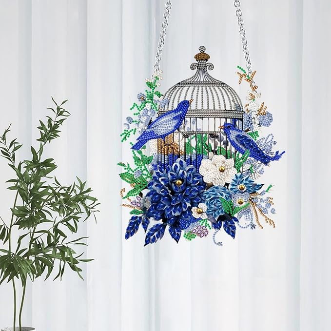 Flower Birdcage Design DIY Diamond Art Painting Wreath Kits Special Shaped Rhinestone Diamond Art Window Pendants Home Garden Wall Hanging Kits (Single Side Point Drill) (#11-Cat) (#01-Bird)