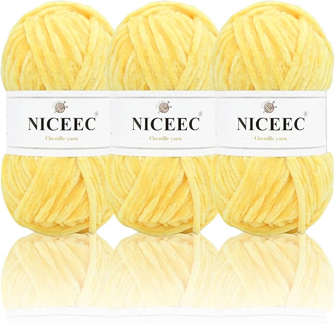 NICEEC 3 Skeins Soft Chenille Yarn Blanket Yarn for Knitting Fancy Yarn for Crochet Weaving DIY Craft Total Length 3×85m (3×93yds, 3×50g)_Yellow