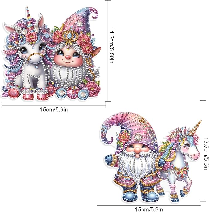 JISHSHAY 2 PCS Diamond Painting Pendant Gnome Dwarf Unicorn Diamond Art Wind Chimes Special Shaped Crystal Suncatcher Diamond Art Ornaments Diamond Painting Hanging for Garden Wall Door Window Decor