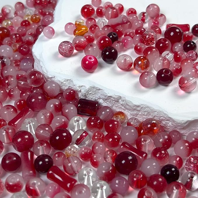 500pcs Glass Beads Red, 6mm and 8mm Assorted Crystal Bead for Jewelry Making, Round Spacer Loose Beads Kit for DIY Charms Bracelets Necklaces Earrings
