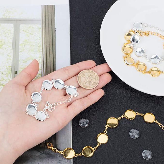 PH PandaHall 10pcs Adjustable Bracelet Chain, 12mm Bracelet Bezel Settings for Jewelry Making with 6 Tray Blank, 60pcs 12mm Clear Glass Cabochons for DIY Bracelets Making, Silver & Golden