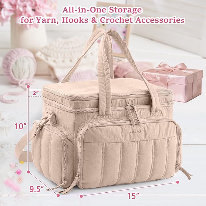 MYBAGZING Large Knitting & Crochet Bag Organizer for Yarn Storage, Double-Layer Knitting Project Bag with 6 Grommets, Yarn Organizer Tote for Knitting Supplies Crochet Hooks & Accessories Gift for Mom