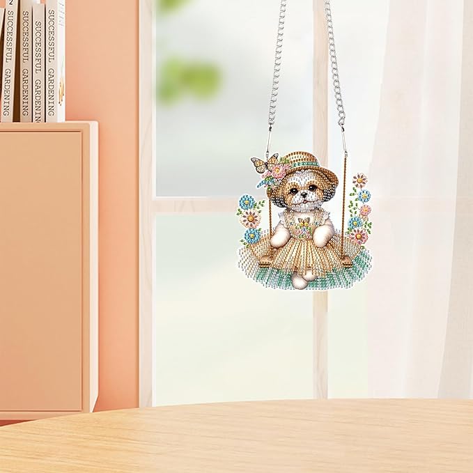 Tontut 5D DIY Diamond Art Painting Pendant kit, Swing Skirt Puppy Special Shape Hanging Crystal Window Pendant kit, Adult Gift Home Curtains, Yard Entrance Decoration
