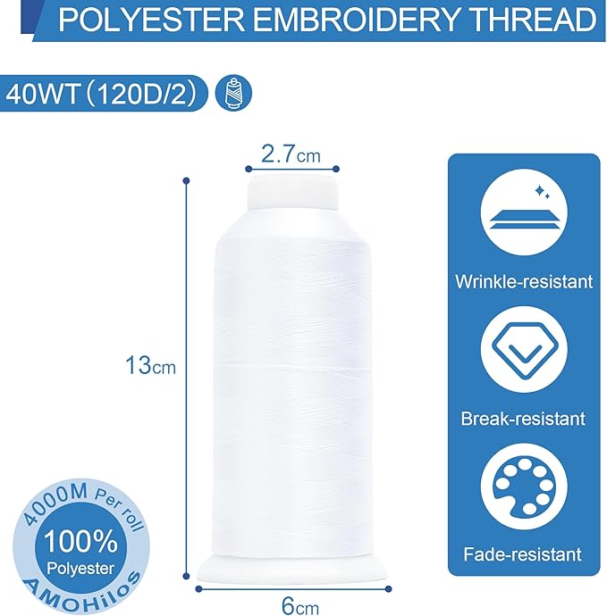 High Tenacity Polyester Embroidery Machine Thread 40WT(120D/2) 4000M Per Spool for Commercial and Domestic Embroidery Machine (Super White-1801)