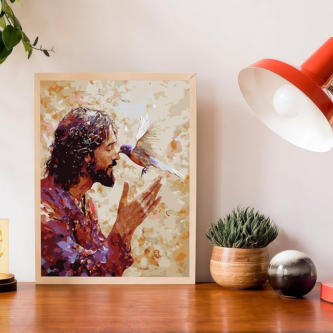 Paint by Numbers for Adults Beginner, Jesus Christian Hummingbird Adult Paint by Number Kits on Canvas, DIY Acrylic Oil Easy Painting by Numbers for Home Wall Decor 16X20 inch (Without Frame)