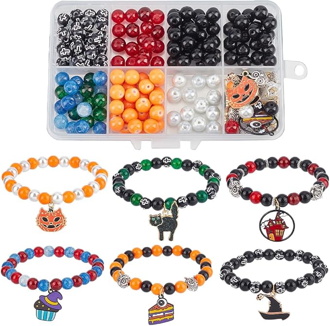 SUNNYCLUE 1 Box 6 Set Halloween Bracelet Making Kit Halloween Bead Magic Witch Hat Charm Pumkin Charms Glass Beads for Jewelry Making Kits Beginners Starter Adults Women Adult