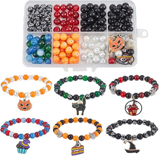 SUNNYCLUE 1 Box 6 Set Halloween Bracelet Making Kit Halloween Bead Magic Witch Hat Charm Pumkin Charms Glass Beads for Jewelry Making Kits Beginners Starter Adults Women Adult